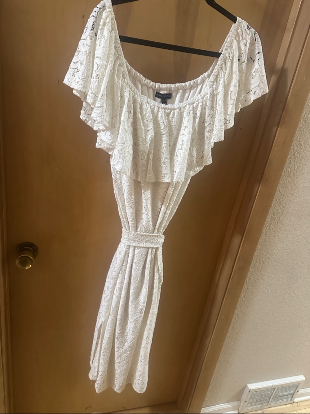 Lane Bryant White Lace Off-Shoulder Midi Dress with Ruffle